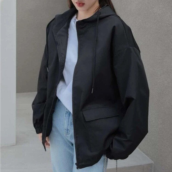 Dazy SHEIN Black Drop Shoulder Drawstring Hooded Jacket Small - Picture 3 of 8